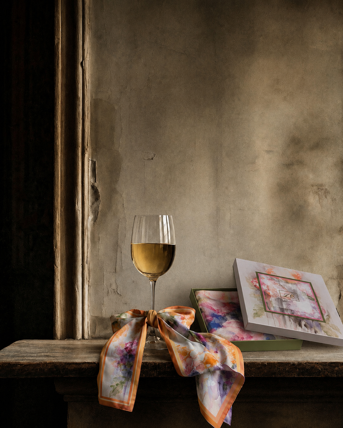 A silk scarf tied around a glass, beside its gift box